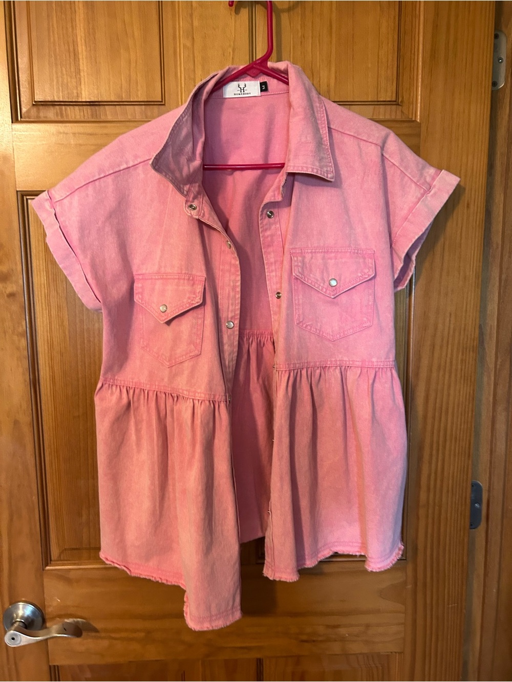 Pink Short-Sleeve Peplum Shirt for Kids - Casual Button Front